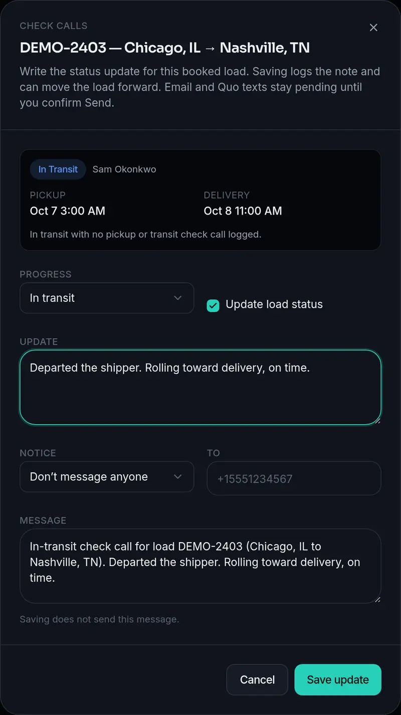 Check Calls update open on sample load DEMO-2403, with a note and Save update.
