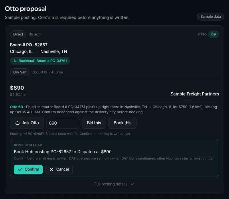 Otto proposing to book a sample hub posting, with Confirm and Cancel.