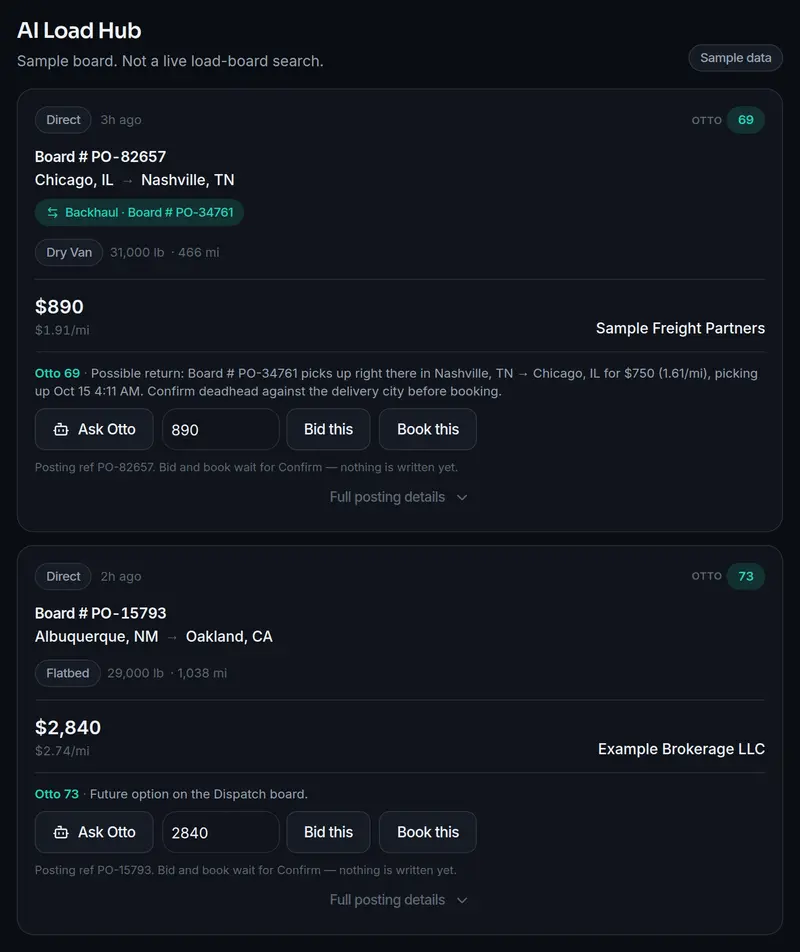 Sample AI Load Hub cards with an Otto score, a backhaul reason, and Ask Otto, Bid, and Book buttons.